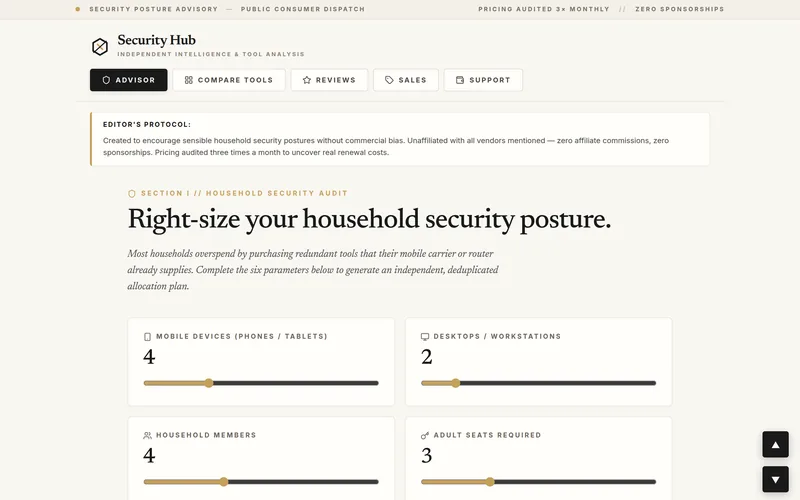 Open Security Hub. Screenshot of its household security audit, with sliders for devices, household members, and adult seats.