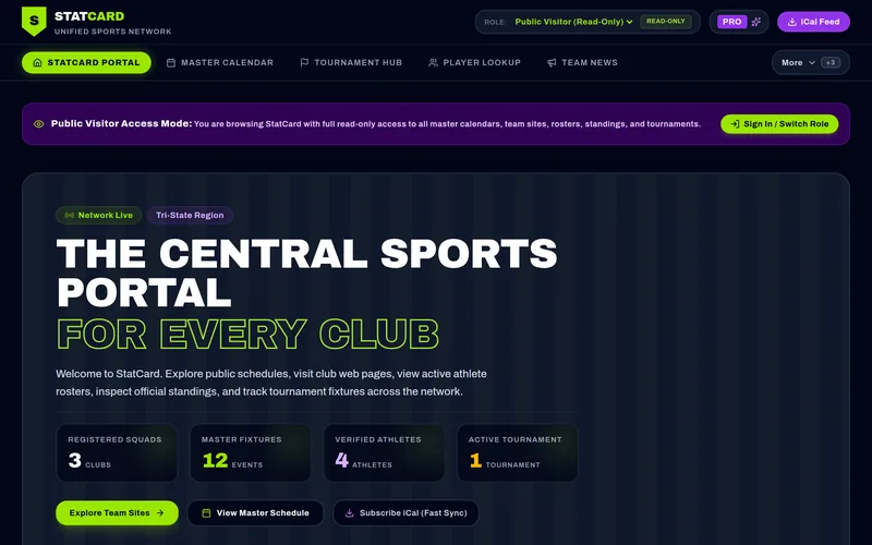 Open the StatCard test build. Screenshot of its portal home, with club, fixture, athlete, and tournament counts.